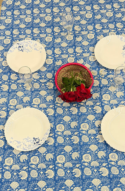 Blue Cotton Handblock Table Cover – 60x90 Inches for 6-Seater Dining Tables
