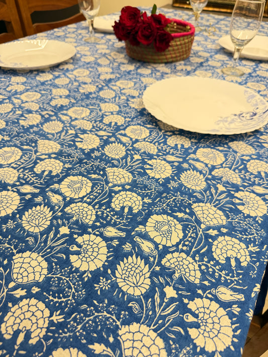 Blue Cotton Handblock Table Cover – 60x90 Inches for 6-Seater Dining Tables