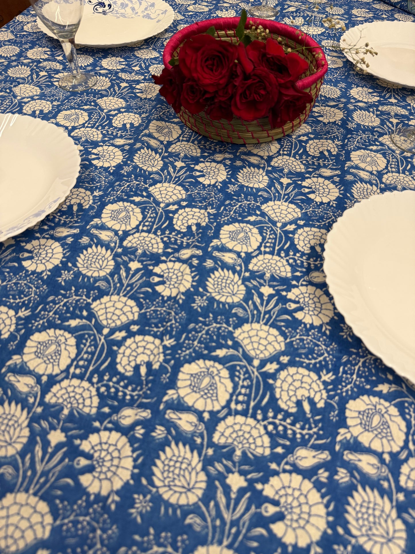 Blue Cotton Handblock Table Cover – 60x90 Inches for 6-Seater Dining Tables