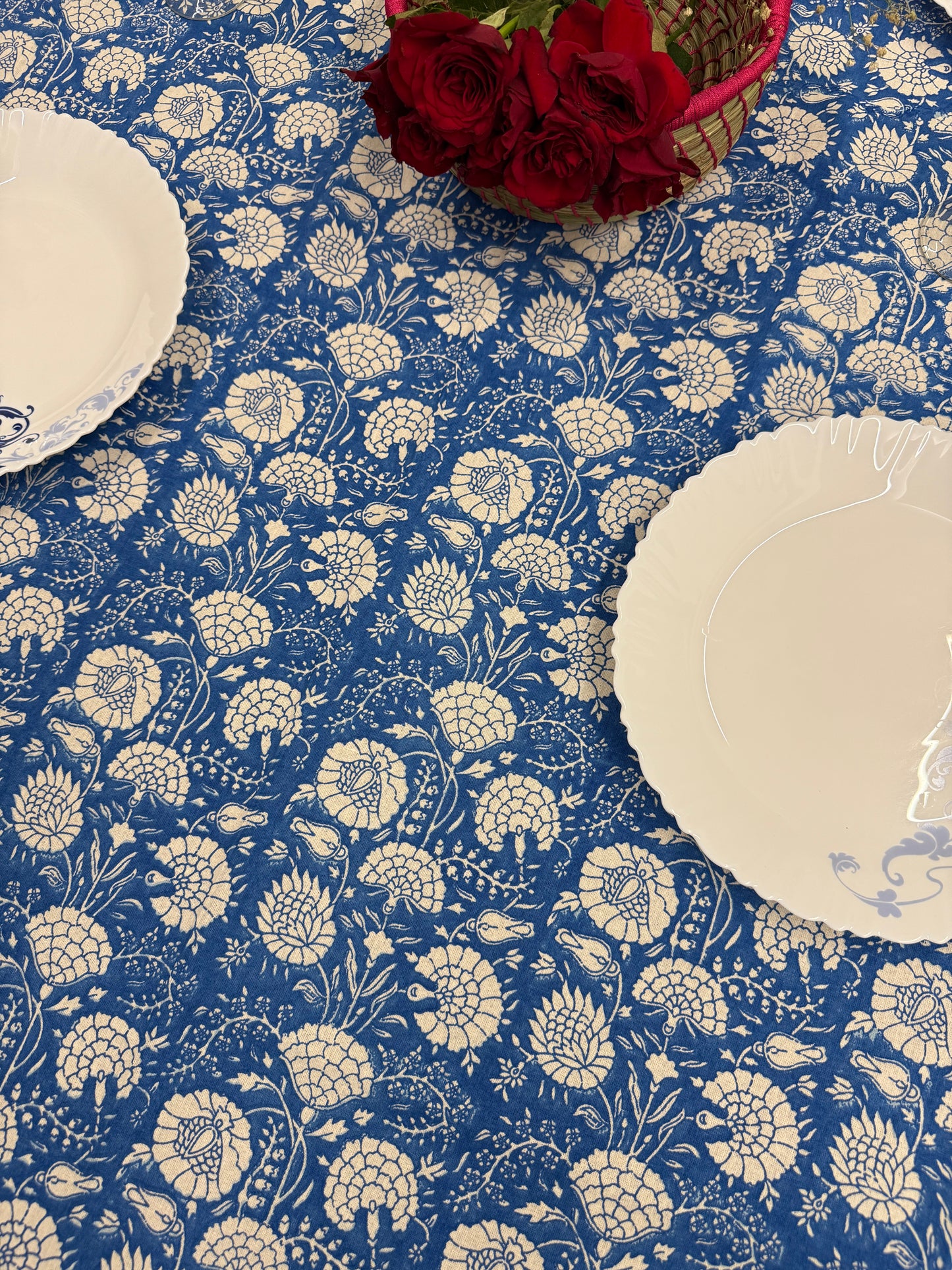 Blue Cotton Handblock Table Cover – 60x90 Inches for 6-Seater Dining Tables