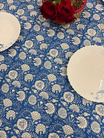 Blue Cotton Handblock Table Cover – 60x90 Inches for 6-Seater Dining Tables
