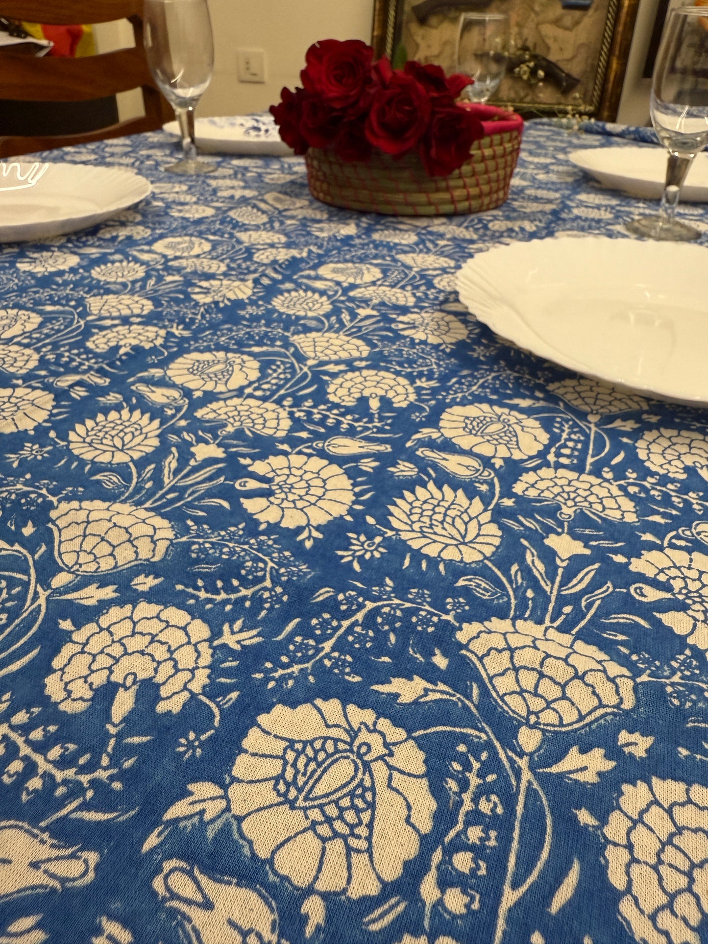 Blue Cotton Handblock Table Cover – 60x90 Inches for 6-Seater Dining Tables