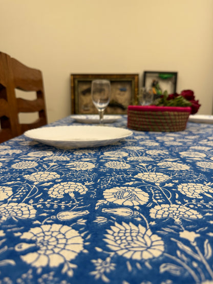 Blue Cotton Handblock Table Cover – 60x90 Inches for 6-Seater Dining Tables