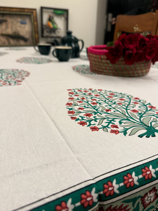 Floral White Red Cotton Handblock Table Cover – 60x90 Inches for 6-Seater Dining Tables