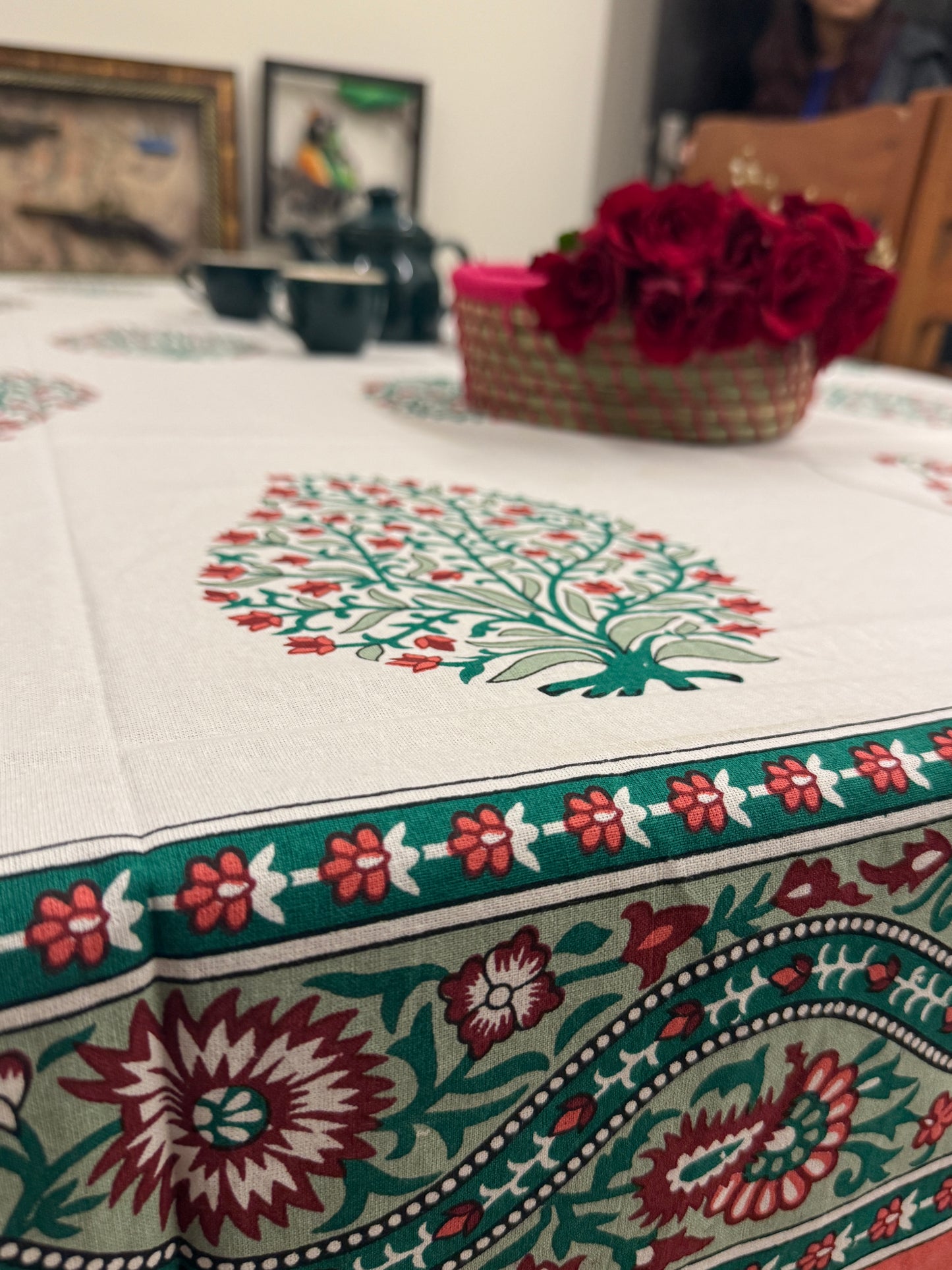 Floral White Red Cotton Handblock Table Cover – 60x90 Inches for 6-Seater Dining Tables