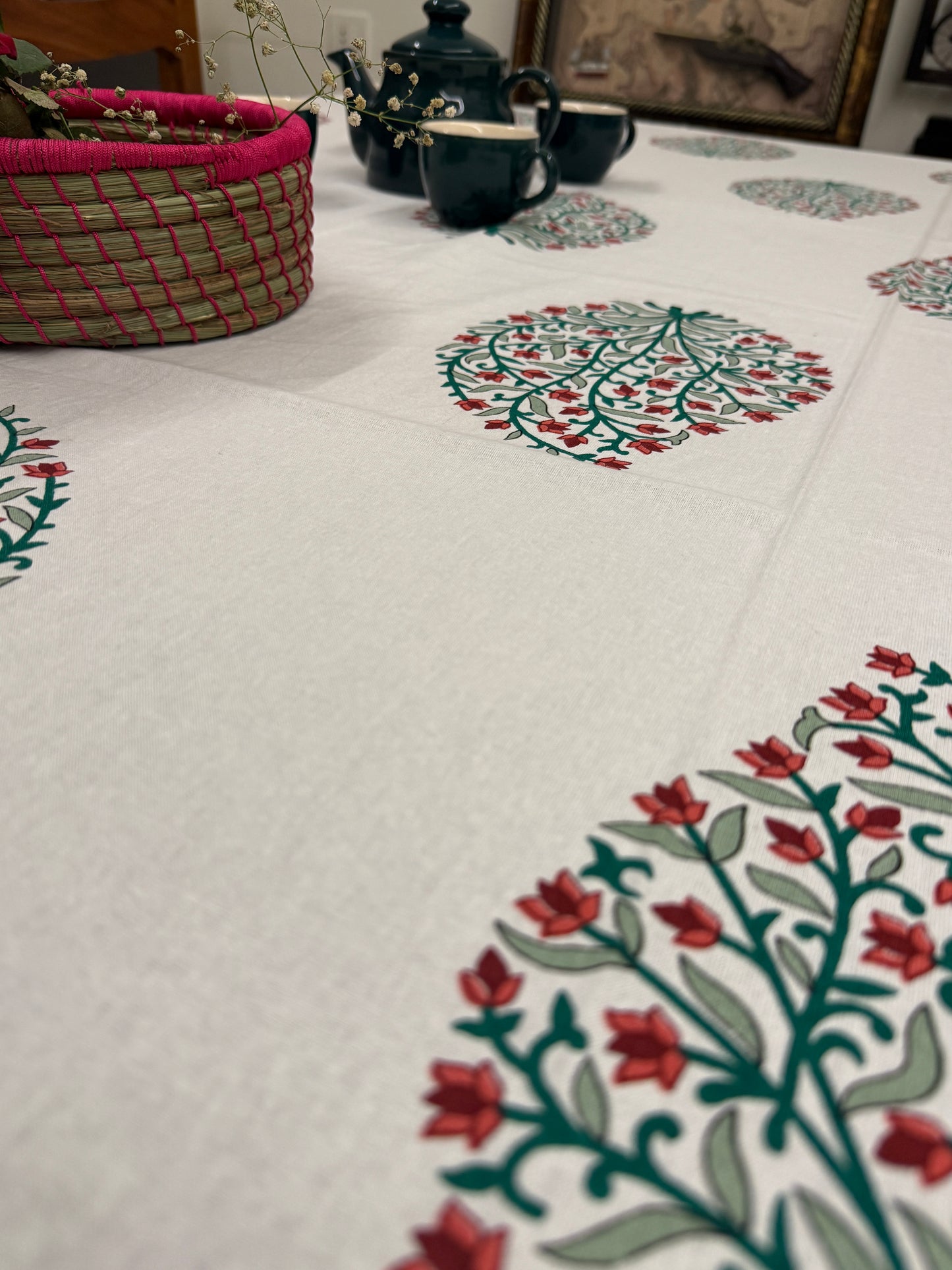Floral White Red Cotton Handblock Table Cover – 60x90 Inches for 6-Seater Dining Tables