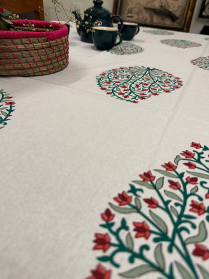 Floral White Red Cotton Handblock Table Cover – 60x90 Inches for 6-Seater Dining Tables