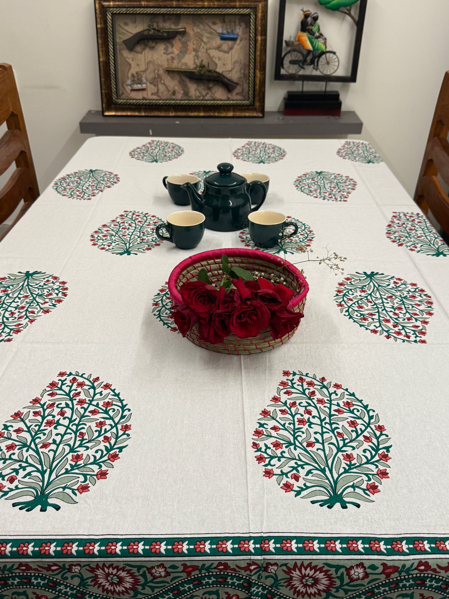 Floral White Red Cotton Handblock Table Cover – 60x90 Inches for 6-Seater Dining Tables