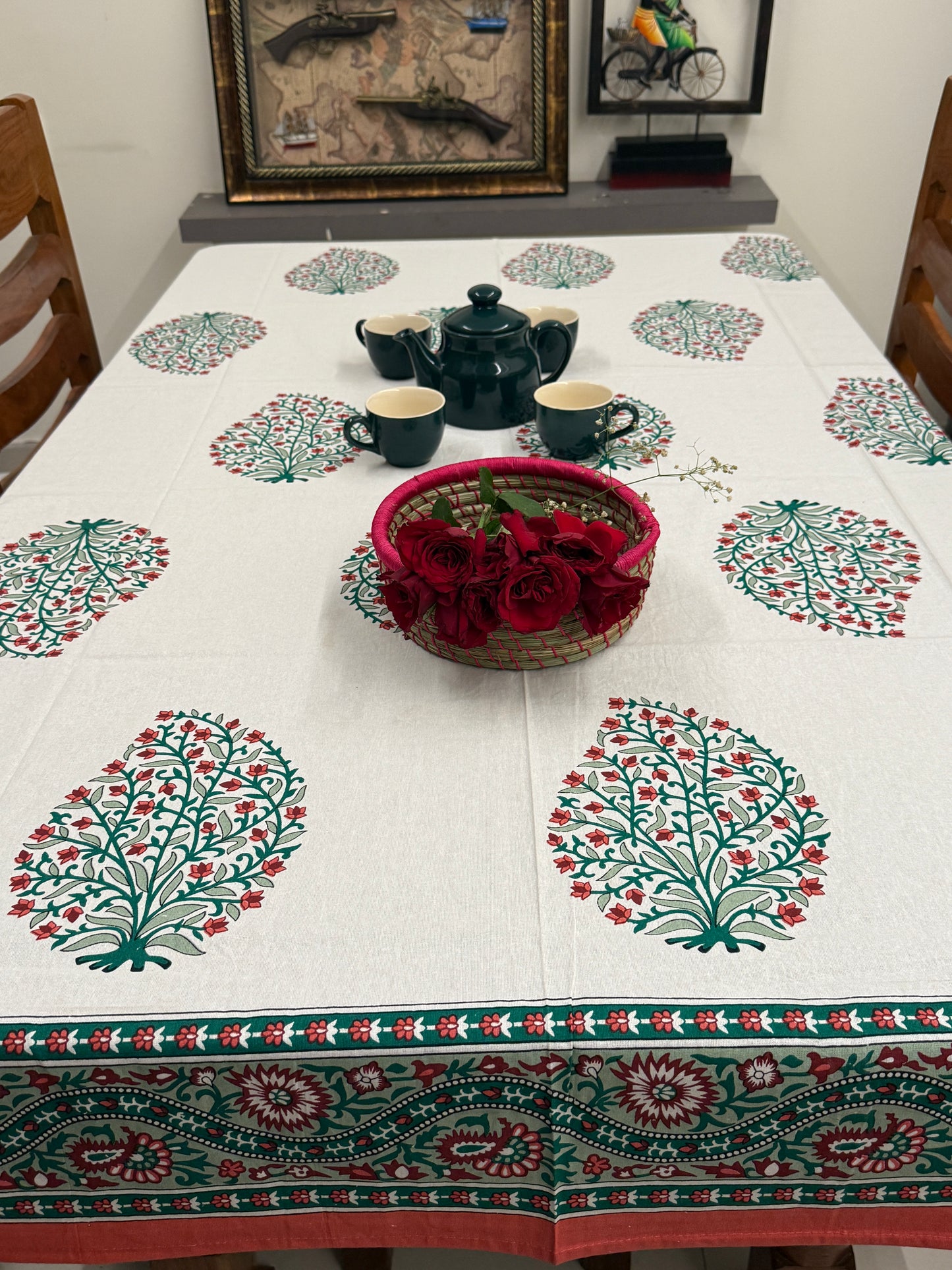 Floral White Red Cotton Handblock Table Cover – 60x90 Inches for 6-Seater Dining Tables