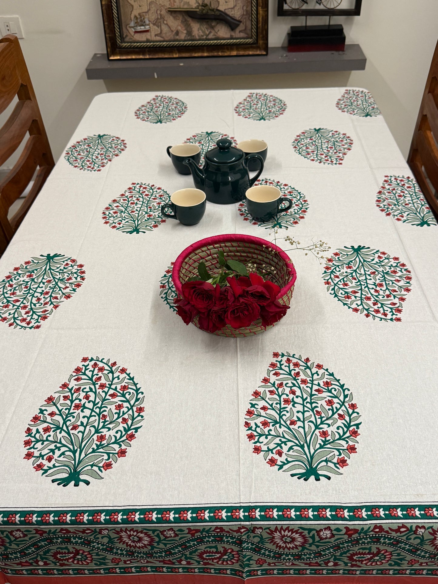 Floral White Red Cotton Handblock Table Cover – 60x90 Inches for 6-Seater Dining Tables