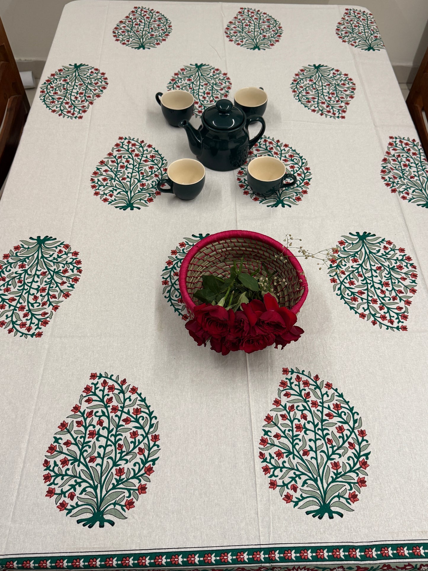 Floral White Red Cotton Handblock Table Cover – 60x90 Inches for 6-Seater Dining Tables