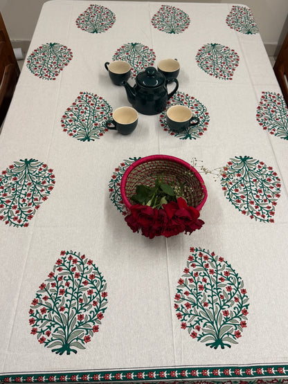 Floral White Red Cotton Handblock Table Cover – 60x90 Inches for 6-Seater Dining Tables