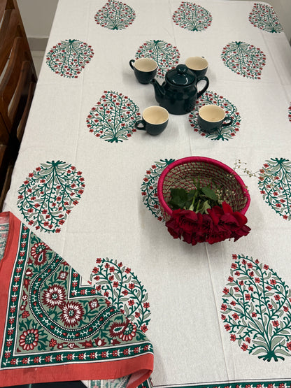 Floral White Red Cotton Handblock Table Cover – 60x90 Inches for 6-Seater Dining Tables