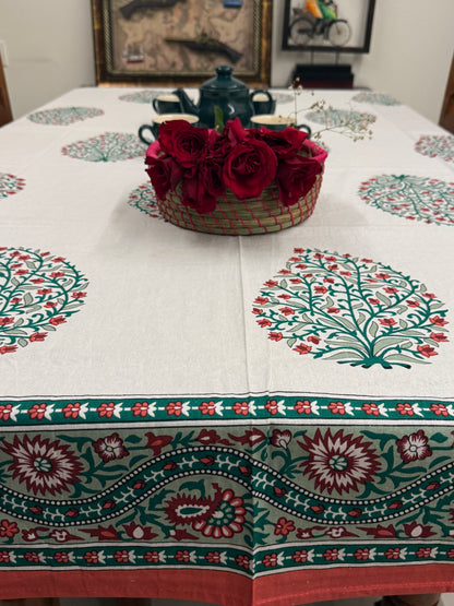 Floral White Red Cotton Handblock Table Cover – 60x90 Inches for 6-Seater Dining Tables
