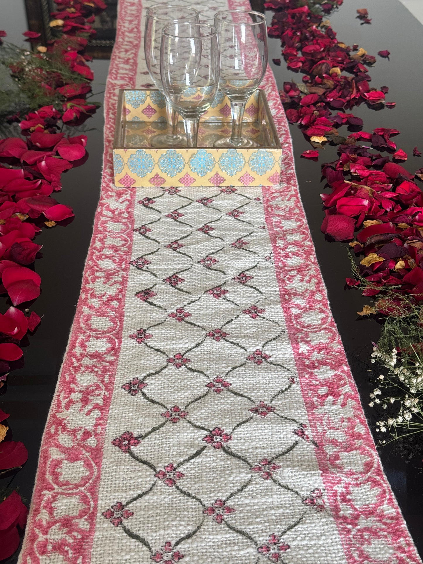 Pink Floral Green Chain Handblock Premium Jute Table Runner