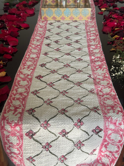 Pink Floral Green Chain Handblock Premium Jute Table Runner