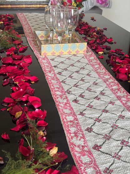 Pink Floral Green Chain Handblock Premium Jute Table Runner