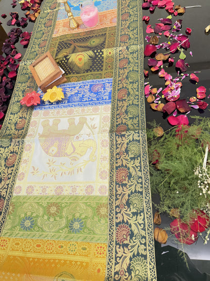 Green Banarasi Silk Patchwork Table Runner – Elegant Handcrafted Brocade & Art Silk Table Décor