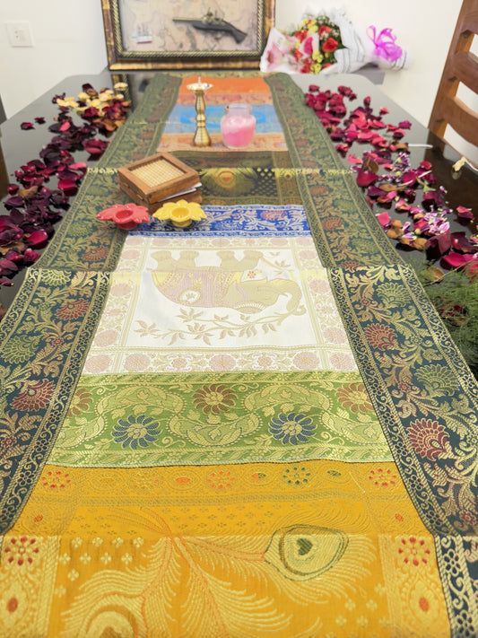 Green Banarasi Silk Patchwork Table Runner – Elegant Handcrafted Brocade & Art Silk Table Décor