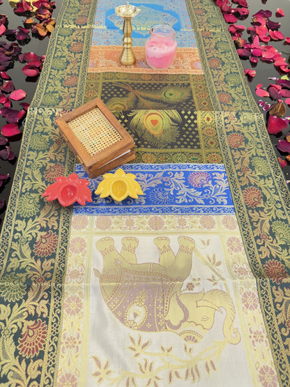Green Banarasi Silk Patchwork Table Runner – Elegant Handcrafted Brocade & Art Silk Table Décor