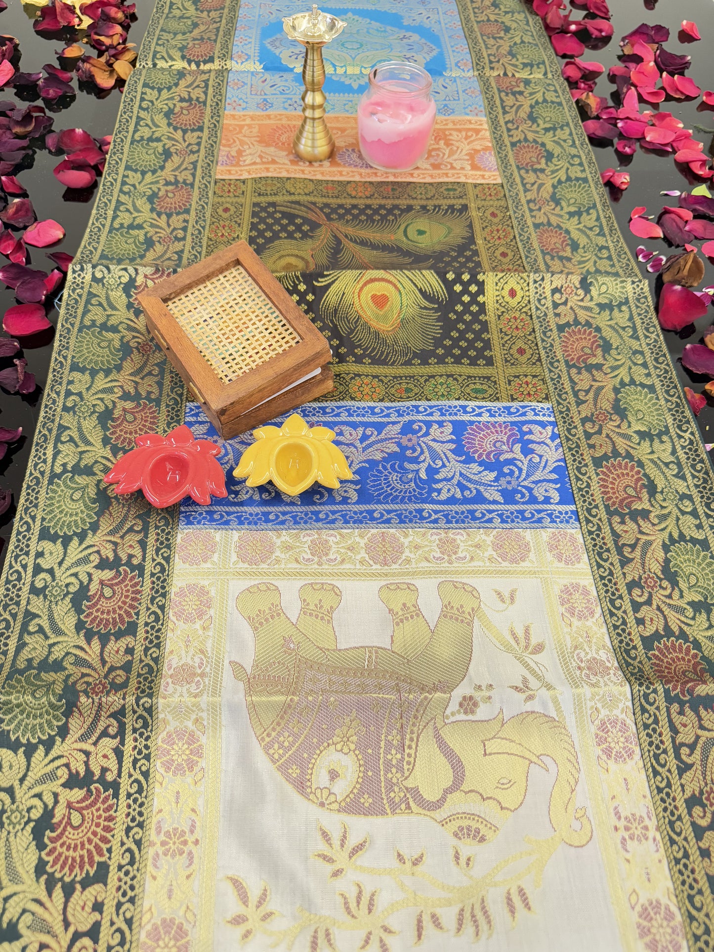 Green Banarasi Silk Patchwork Table Runner – Elegant Handcrafted Brocade & Art Silk Table Décor