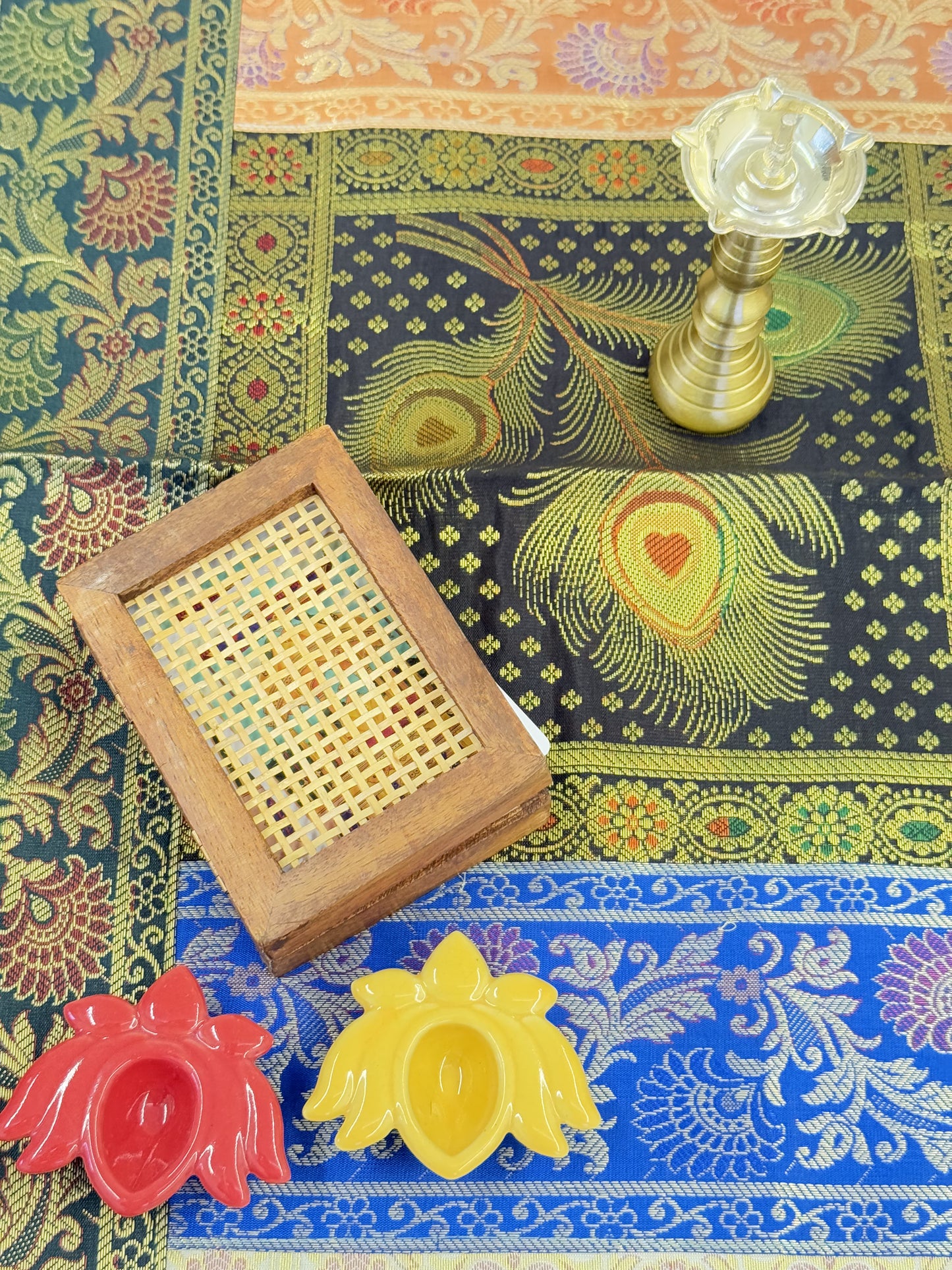 Green Banarasi Silk Patchwork Table Runner – Elegant Handcrafted Brocade & Art Silk Table Décor