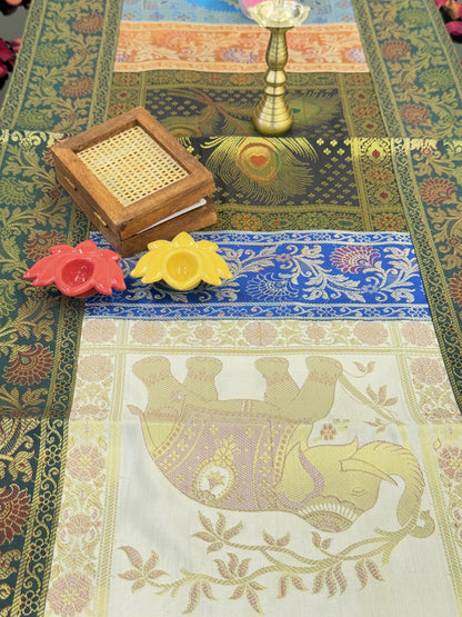 Green Banarasi Silk Patchwork Table Runner – Elegant Handcrafted Brocade & Art Silk Table Décor