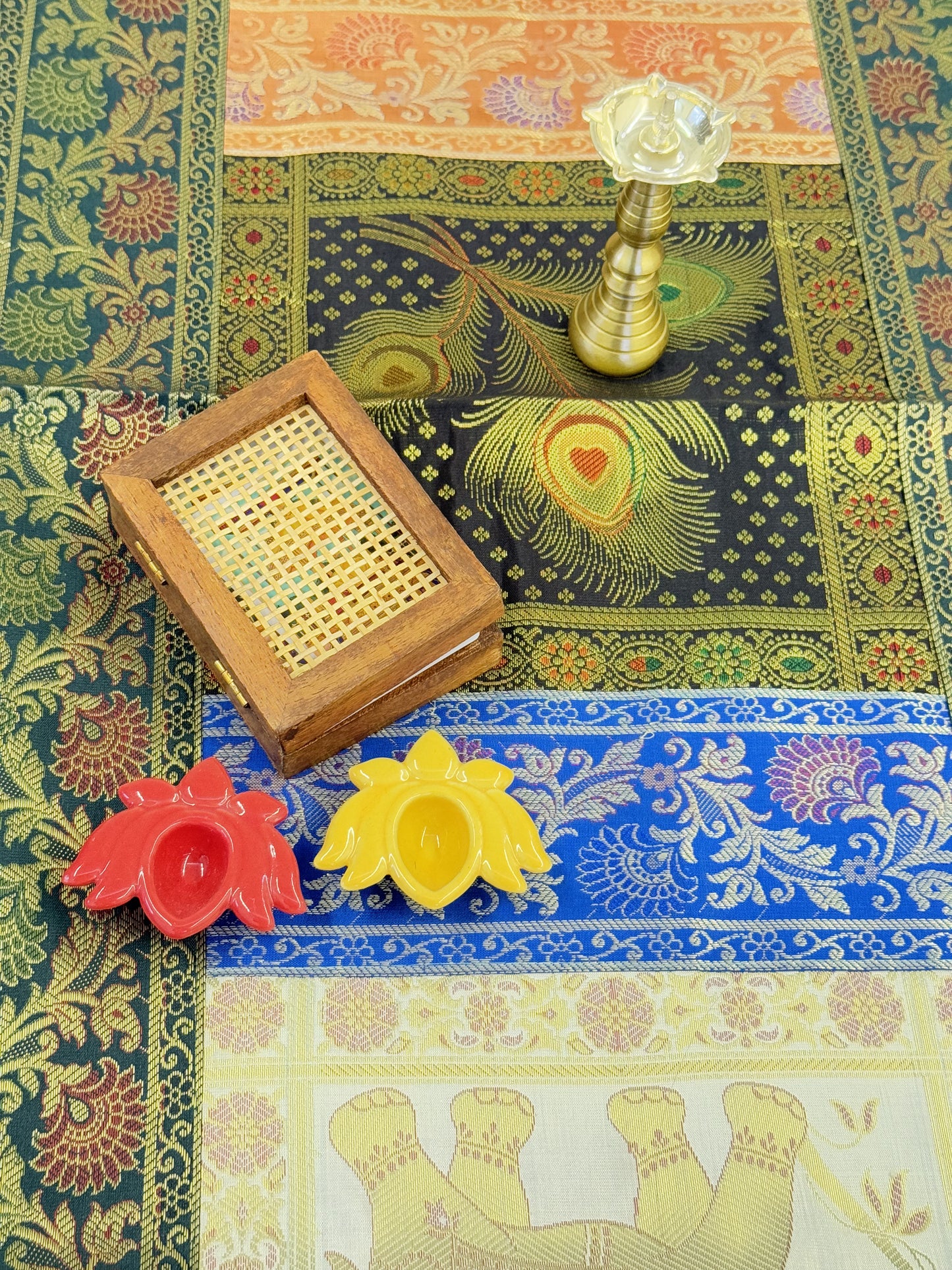 Green Banarasi Silk Patchwork Table Runner – Elegant Handcrafted Brocade & Art Silk Table Décor