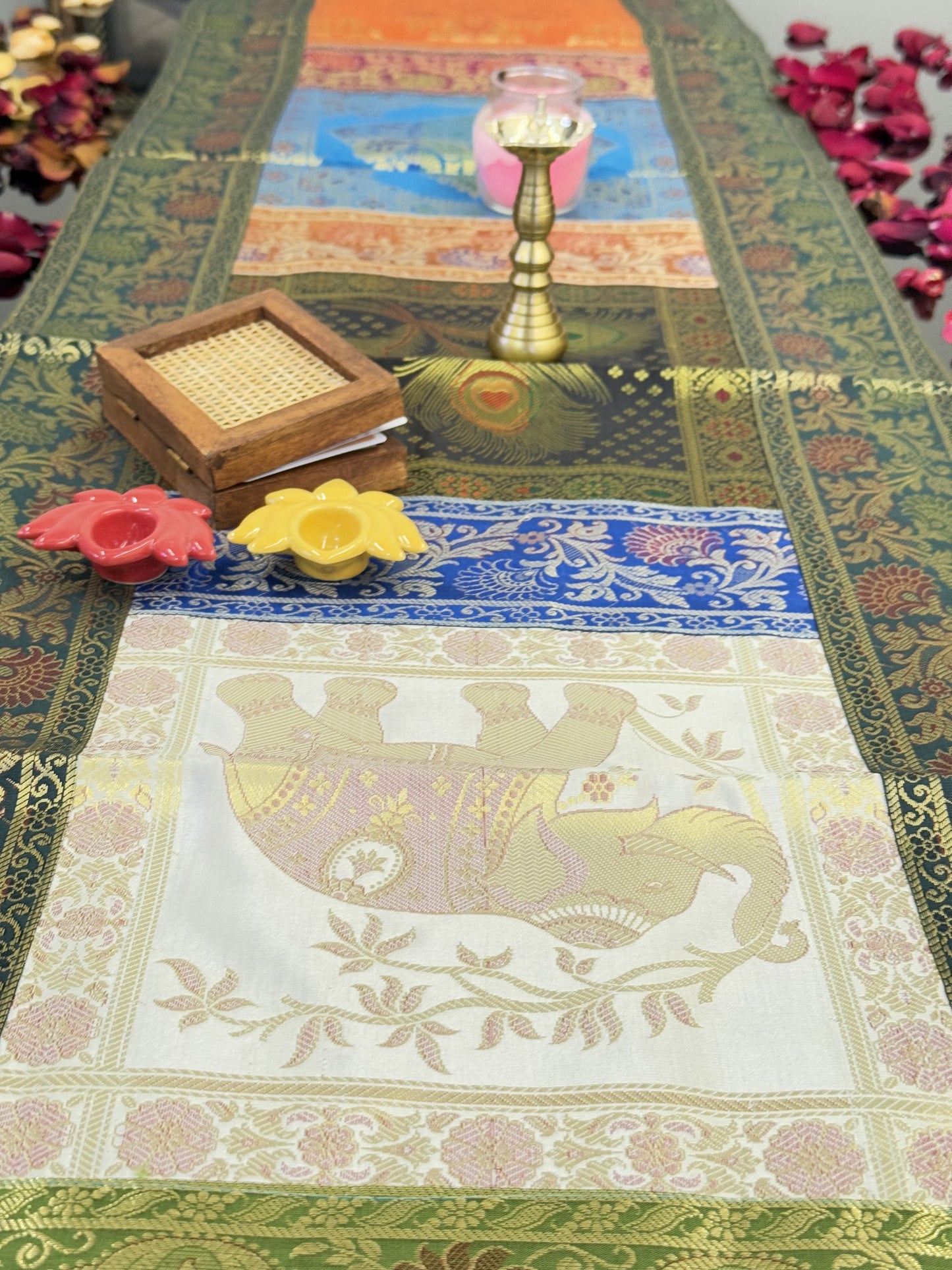 Green Banarasi Silk Patchwork Table Runner – Elegant Handcrafted Brocade & Art Silk Table Décor