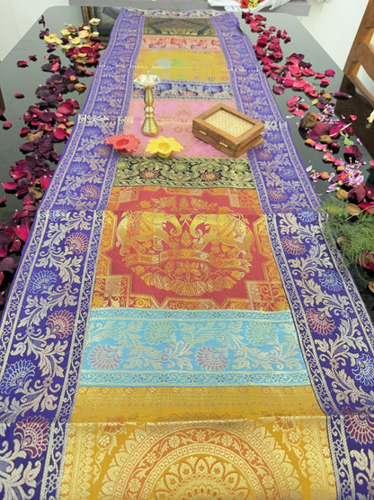 Purple Banarasi Silk Patchwork Table Runner – Luxurious Brocade & Art Silk Décor for Elegant Spaces