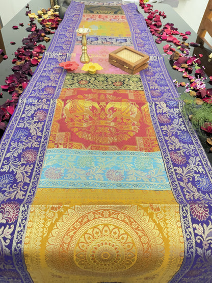 Purple Banarasi Silk Patchwork Table Runner – Luxurious Brocade & Art Silk Décor for Elegant Spaces