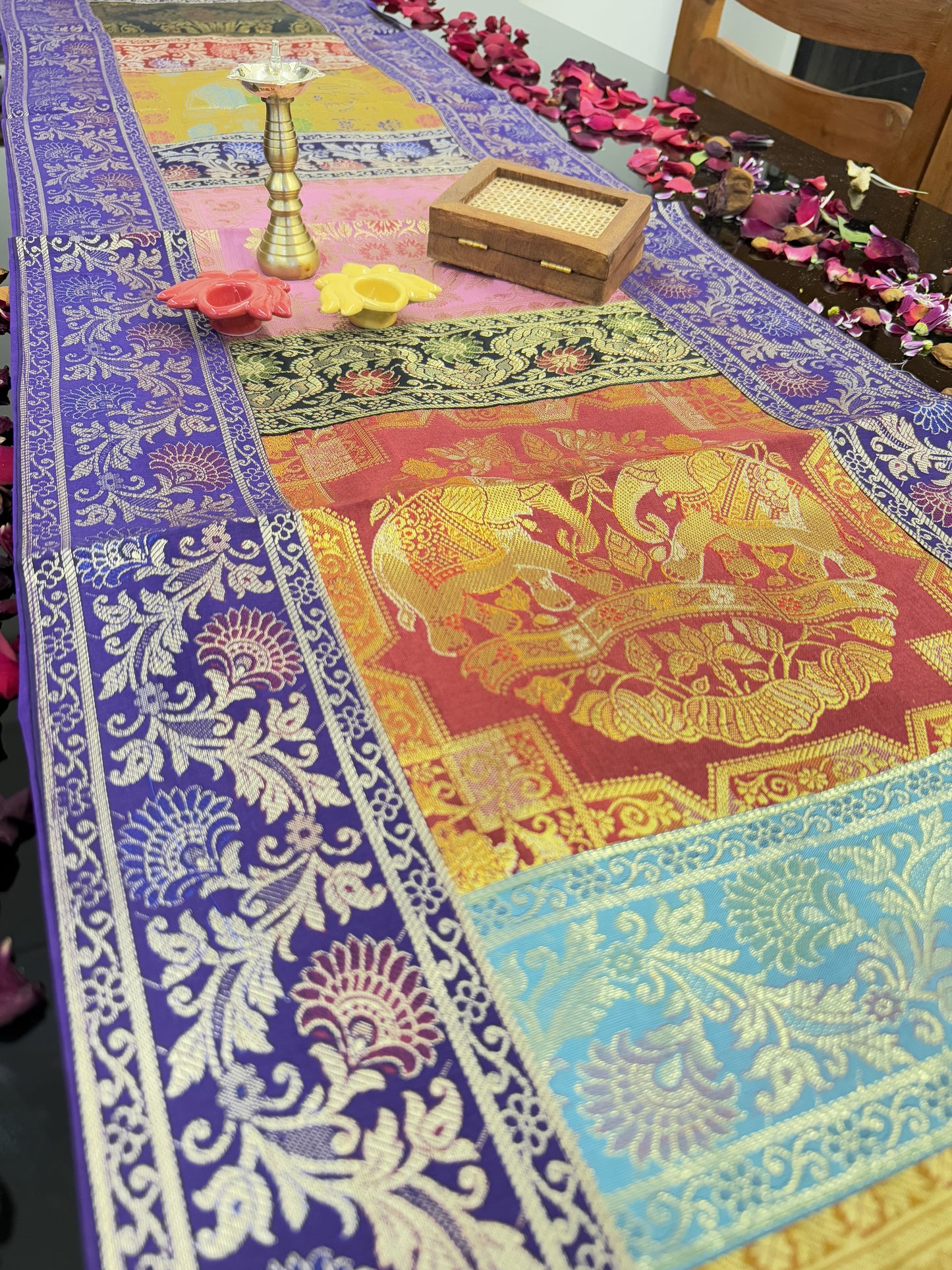 Purple Banarasi Silk Patchwork Table Runner – Luxurious Brocade & Art Silk Décor for Elegant Spaces