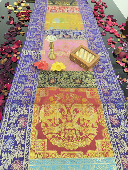 Purple Banarasi Silk Patchwork Table Runner – Luxurious Brocade & Art Silk Décor for Elegant Spaces
