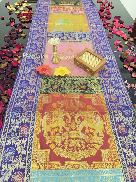 Purple Banarasi Silk Patchwork Table Runner – Luxurious Brocade & Art Silk Décor for Elegant Spaces