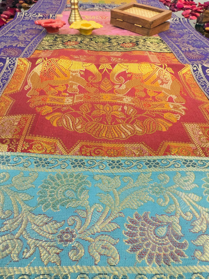 Purple Banarasi Silk Patchwork Table Runner – Luxurious Brocade & Art Silk Décor for Elegant Spaces