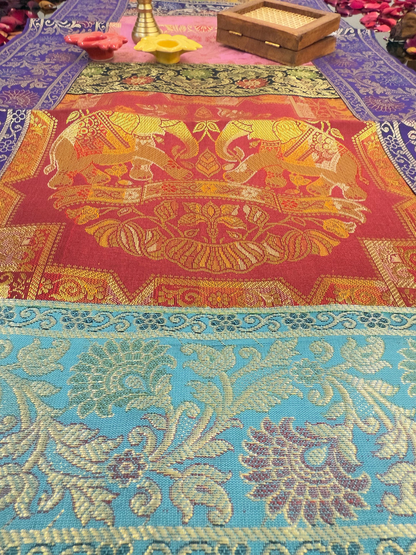 Purple Banarasi Silk Patchwork Table Runner – Luxurious Brocade & Art Silk Décor for Elegant Spaces