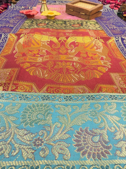 Purple Banarasi Silk Patchwork Table Runner – Luxurious Brocade & Art Silk Décor for Elegant Spaces