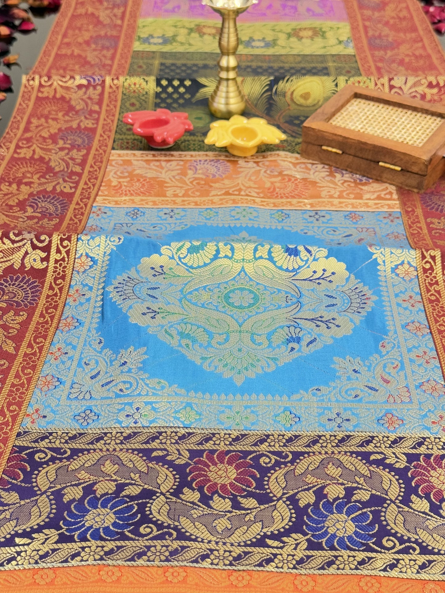 Red Banarasi Silk Patchwork Table Runner – Elegant Brocade & Art Silk Décor Accessory