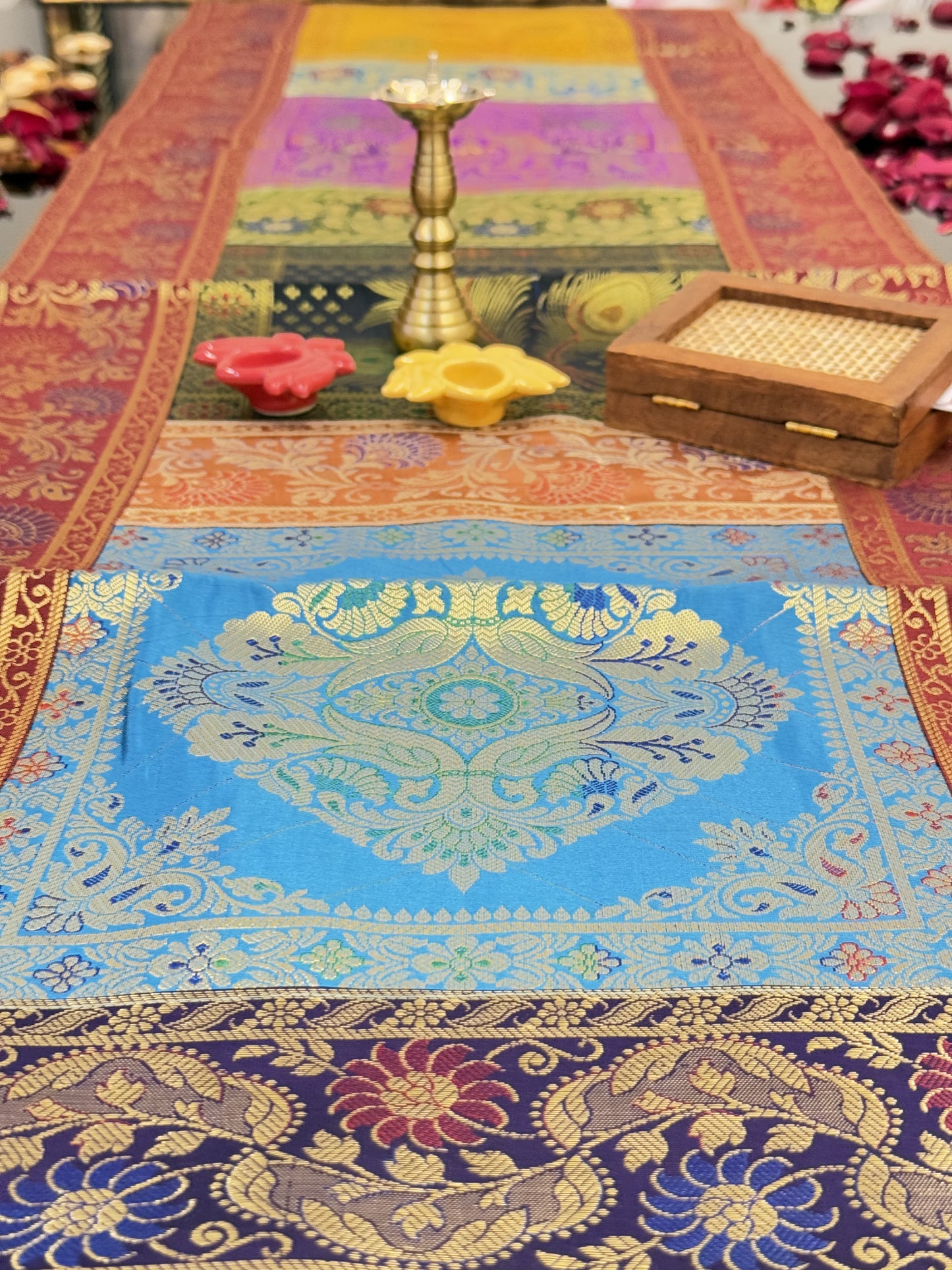 Red Banarasi Silk Patchwork Table Runner – Elegant Brocade & Art Silk Décor Accessory