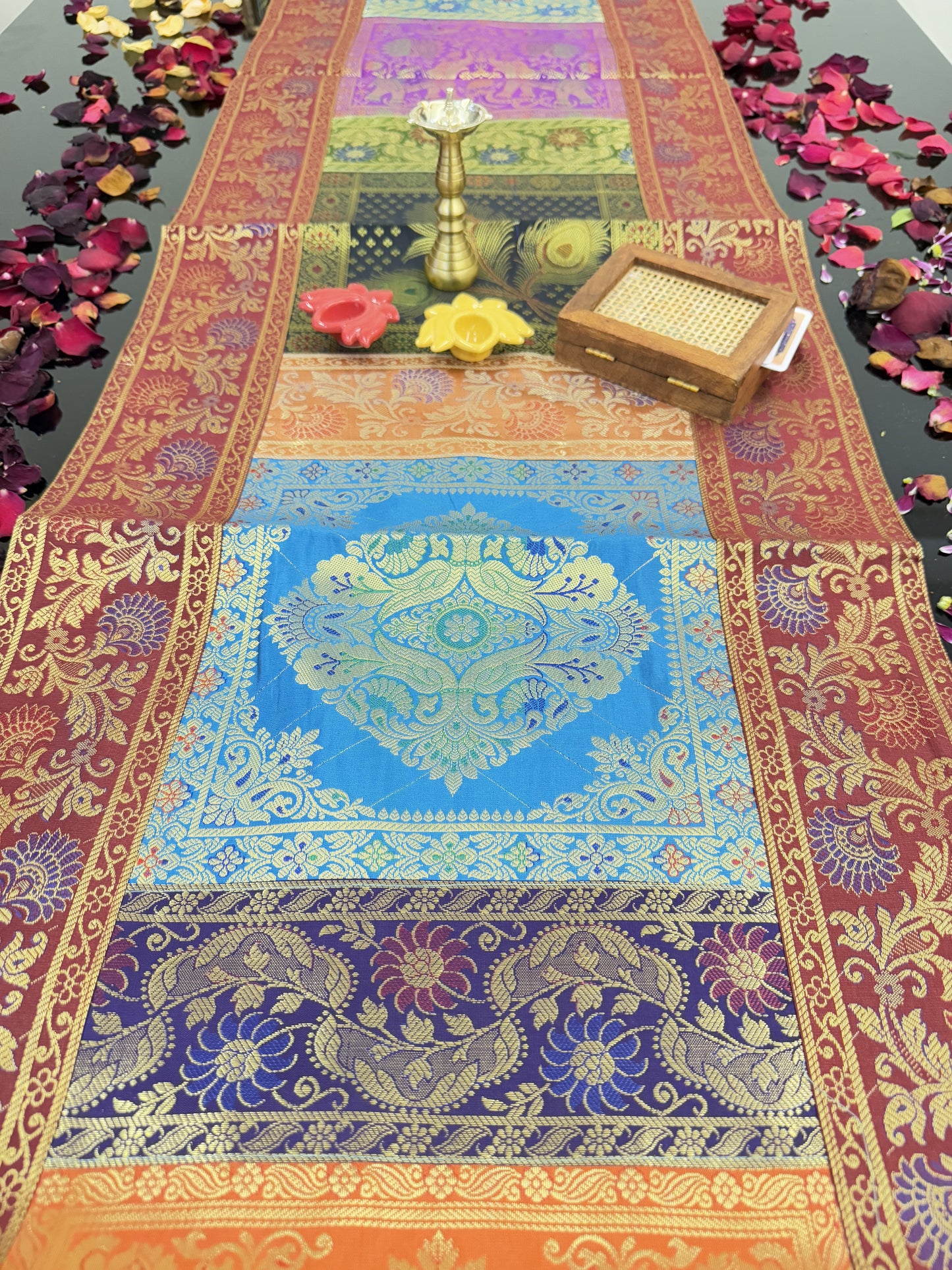 Red Banarasi Silk Patchwork Table Runner – Elegant Brocade & Art Silk Décor Accessory