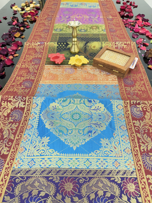 Red Banarasi Silk Patchwork Table Runner – Elegant Brocade & Art Silk Décor Accessory