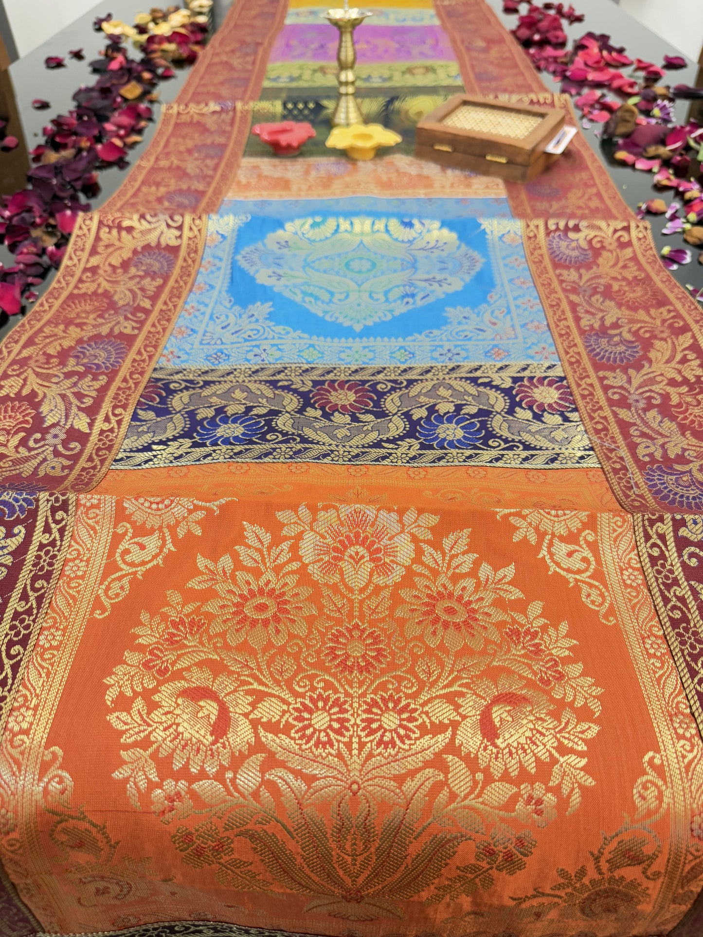 Red Banarasi Silk Patchwork Table Runner – Elegant Brocade & Art Silk Décor Accessory