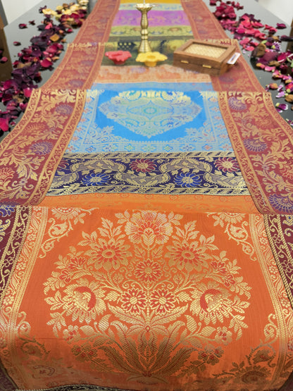 Red Banarasi Silk Patchwork Table Runner – Elegant Brocade & Art Silk Décor Accessory