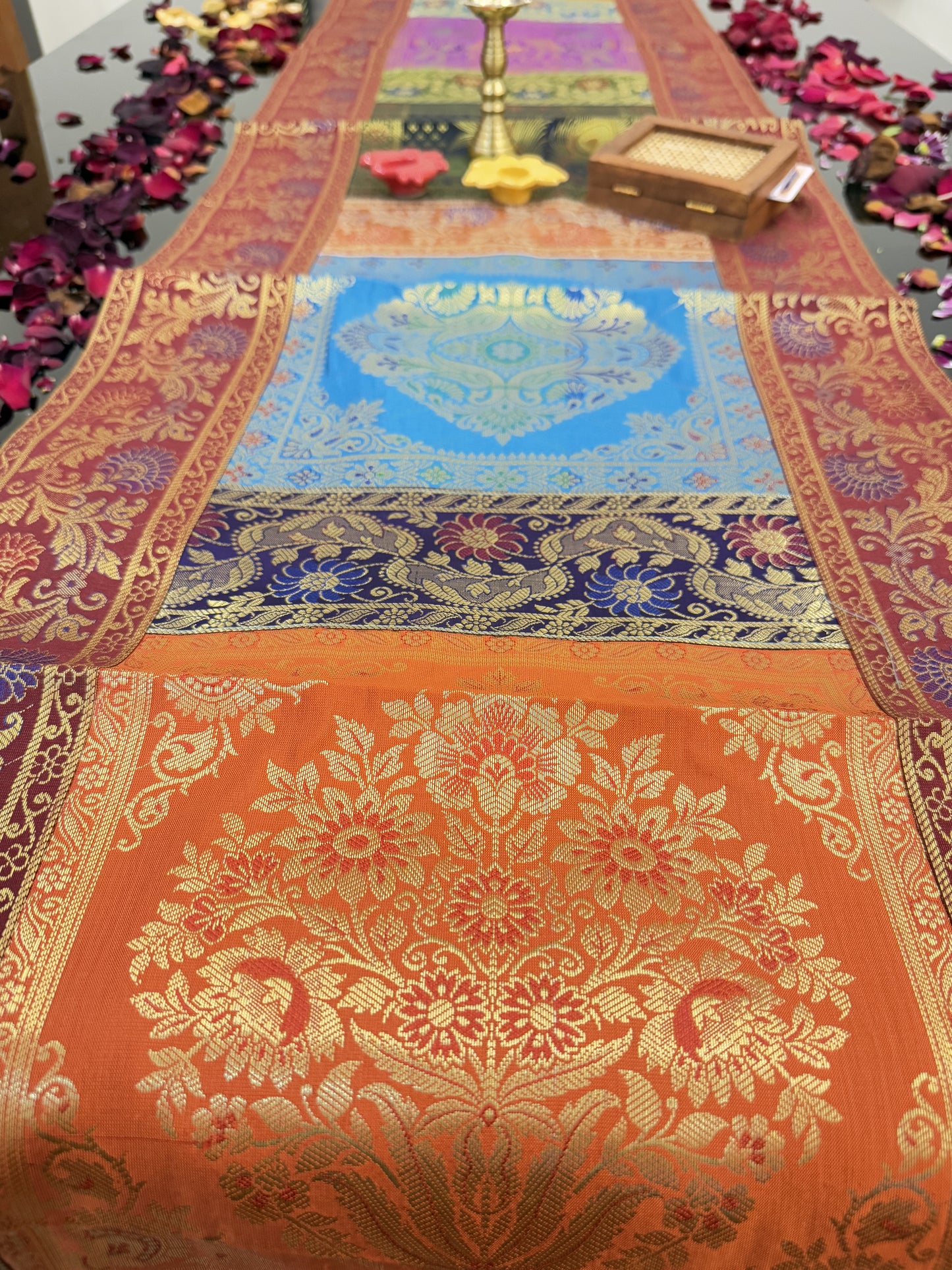 Red Banarasi Silk Patchwork Table Runner – Elegant Brocade & Art Silk Décor Accessory