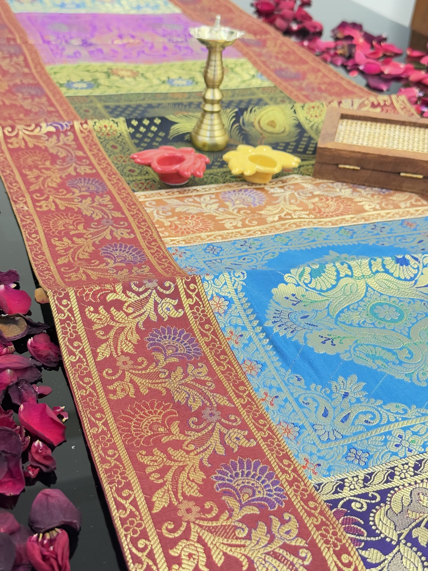 Red Banarasi Silk Patchwork Table Runner – Elegant Brocade & Art Silk Décor Accessory
