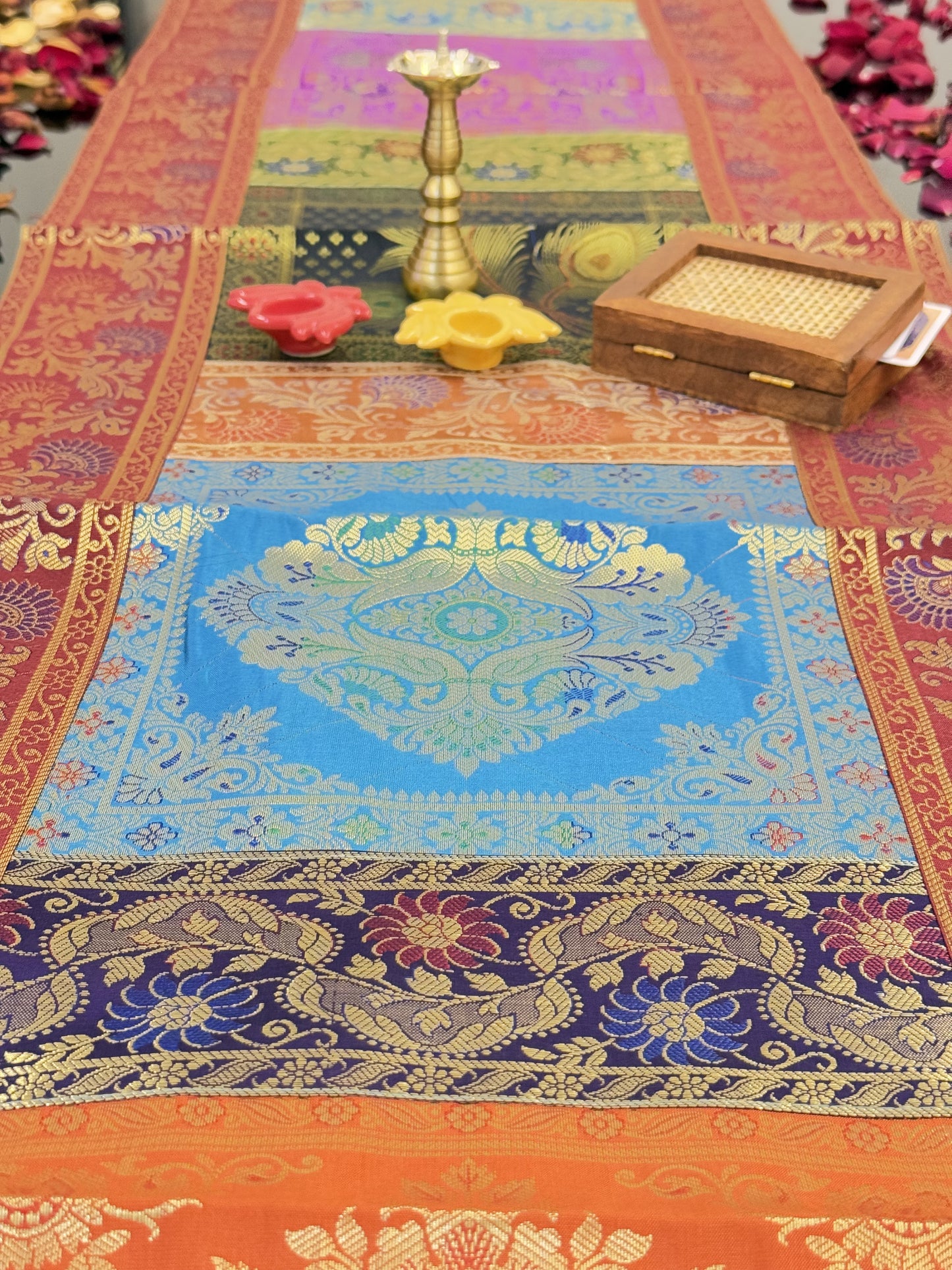 Red Banarasi Silk Patchwork Table Runner – Elegant Brocade & Art Silk Décor Accessory