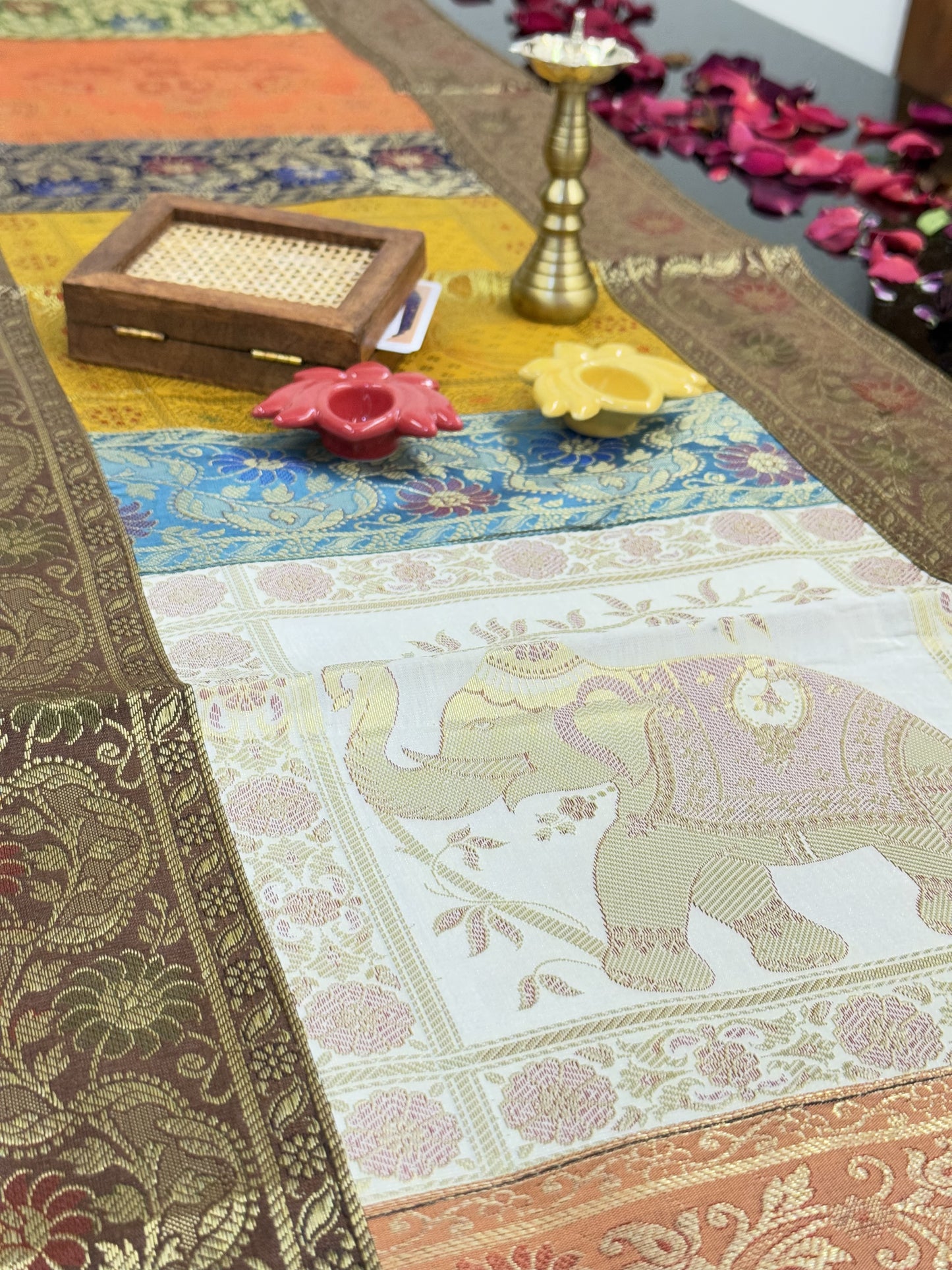 Brown Banarasi Silk Patchwork Table Runner – Elegant Brocade & Art Silk Table Décor for Luxurious Interiors
