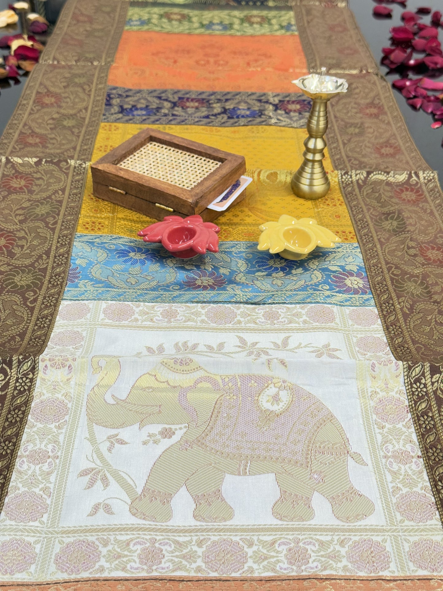 Brown Banarasi Silk Patchwork Table Runner – Elegant Brocade & Art Silk Table Décor for Luxurious Interiors