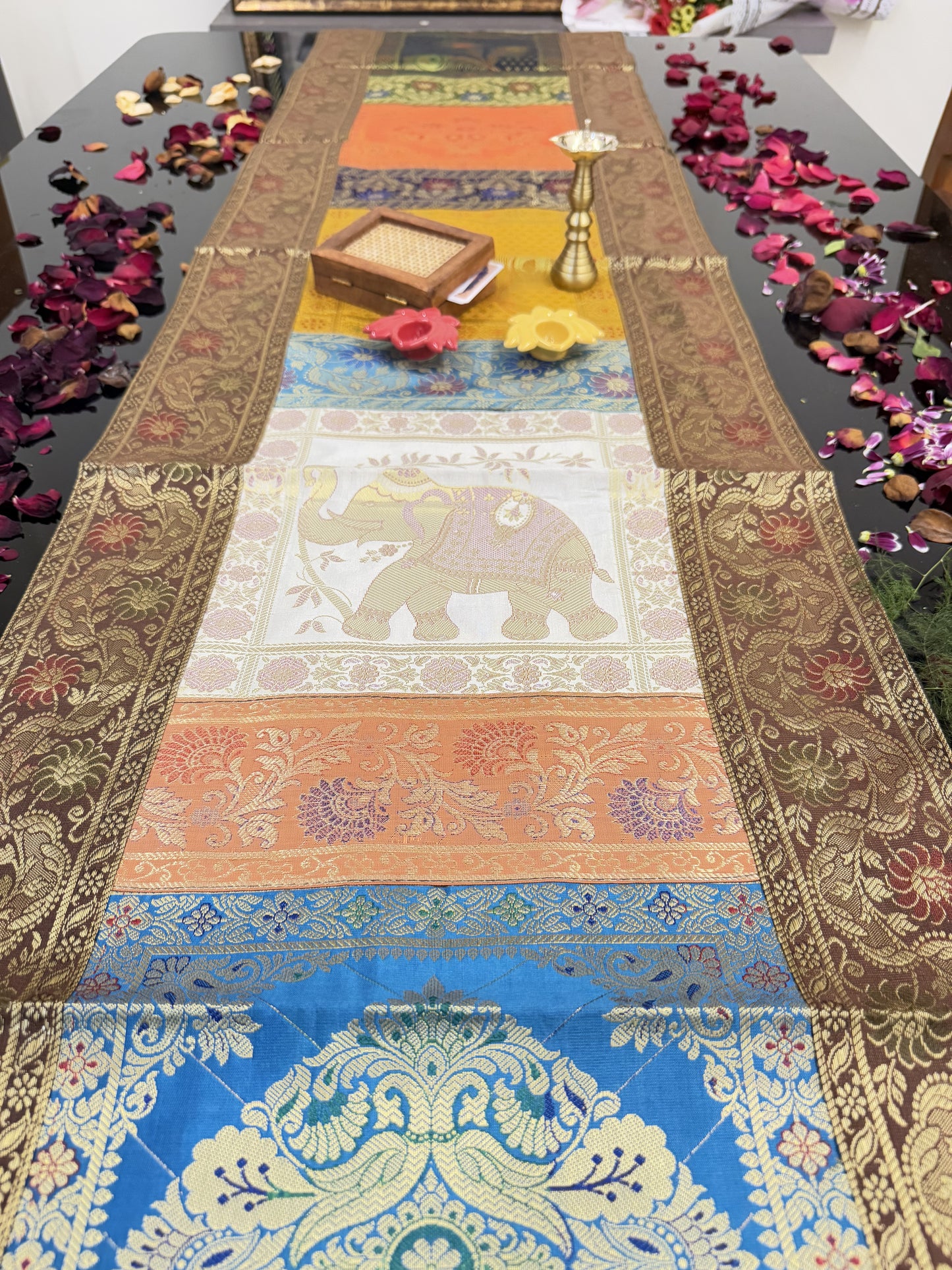 Brown Banarasi Silk Patchwork Table Runner – Elegant Brocade & Art Silk Table Décor for Luxurious Interiors