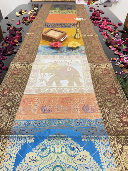 Brown Banarasi Silk Patchwork Table Runner – Elegant Brocade & Art Silk Table Décor for Luxurious Interiors